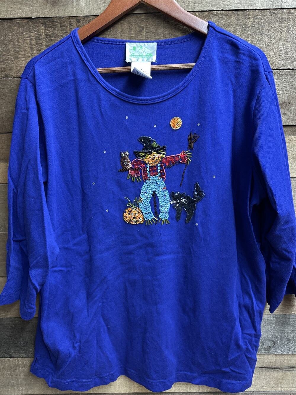 THE QUAKER FACTORY Halloween Blue Sequined Scarecrow Cat Top 1X